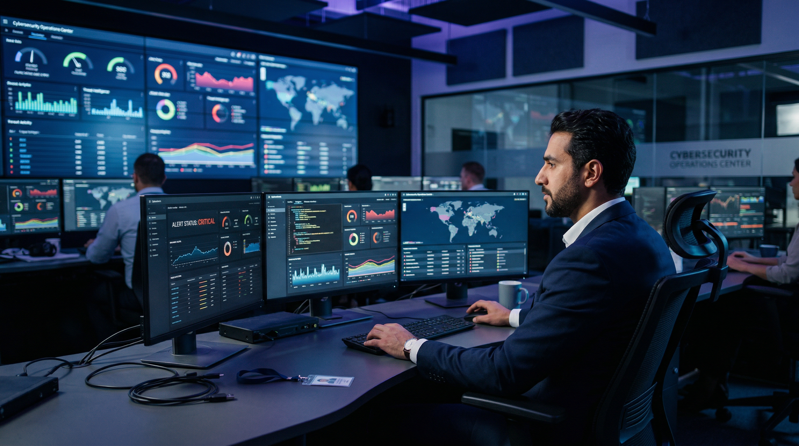 Technology operations center with professionals monitoring cybersecurity dashboards